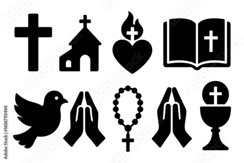Christian symbols set: cross, church, heart, bible, dove, praying hands, rosary, eucharist