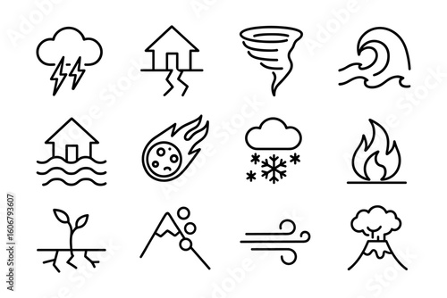 Disaster icons: natural hazards in minimalist design