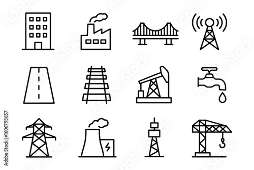 Industrial and infrastructure icons collection in linear style for engineering projects