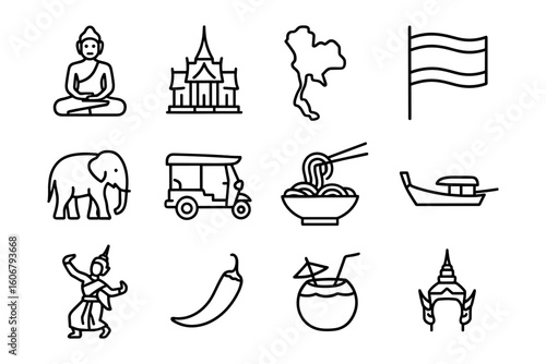 Thailand symbols: icon set featuring culture, cuisine, and landmarks in simple line art