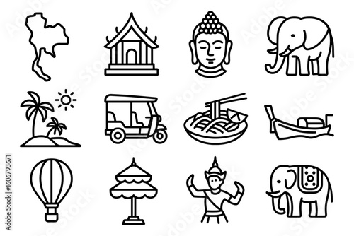 Thailand icon set: culture, nature, and tradition in linear style