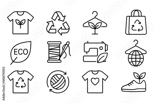 Sustainable fashion icons: eco-friendly clothing, recycling, and sewing symbols
