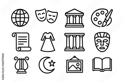 Linear art icons: culture, history, and creativity symbols collection
