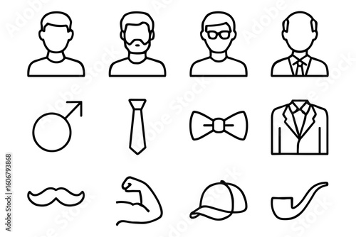 Minimalist male icon set with outlines featuring accessories and symbols