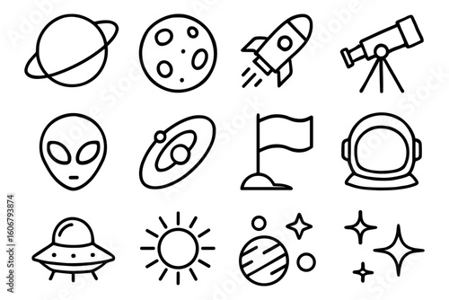 Space exploration icons: planets, rockets, and aliens in linear design