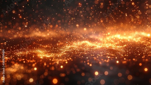 Ethereal glow. Golden specks and wisps create a dreamy, shimmering landscape against a dark, undefined backdrop