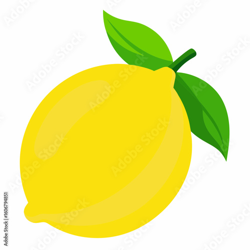 Vector art of a vibrant yellow lemon with green leaves isolated on white background