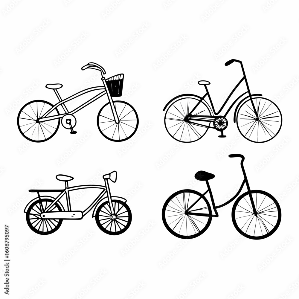Obraz premium Minimalist Bicycle Vector Set – Diverse Bike Silhouettes in Black & White
