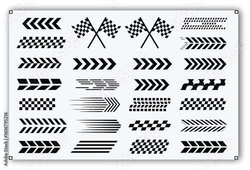 Racing car stripes vector set featuring dynamic speed lines, checkered flag decals, flame elements, and motorsport racing graphics for vehicle wraps, car tuning, and competition themes