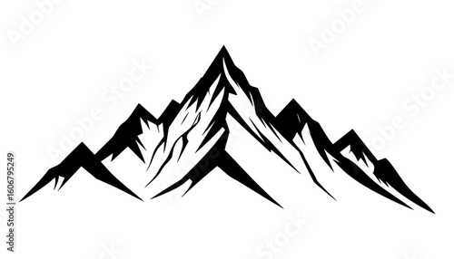 Jagged dark mountain range against white background. Suitable for travel brochures, outdoor adventure designs, and dramatic landscapes in marketing materials.