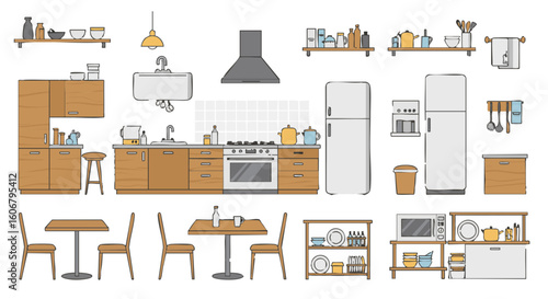 Home office furniture vector set, 15 flat icons, white background