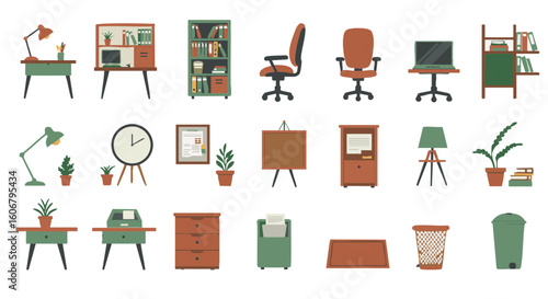 Home office furniture vector set, 15 flat icons, white background