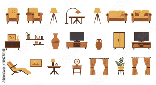 Living room furniture flat icons set in natural tones, 15 items, no text