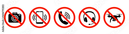 Prohibition signs set. Set of no music, sound. No photos. No drone zone. No fly zone.