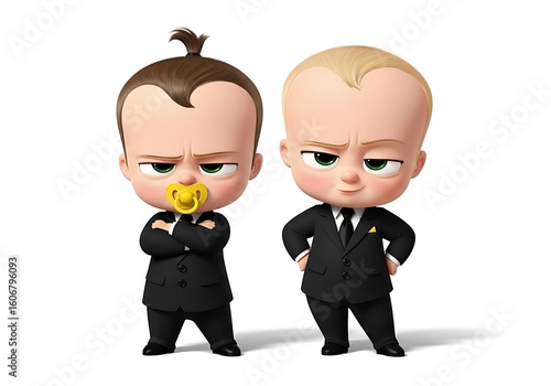 Two cartoon babies in suits with pacifiers, isolated on white background