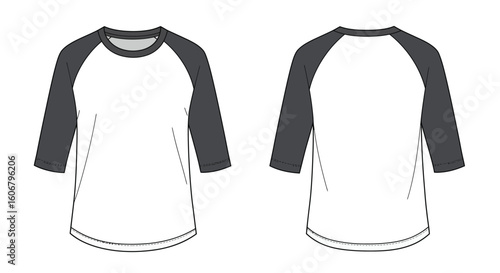 Raglan 3/4 Sleeve T-Shirt Template – Flat Vector