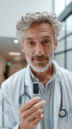 An Experienced doctor holding medical equipment in a clinic setting, exuding trust and professionalism