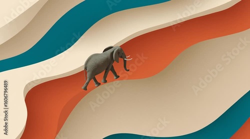 An elephant walking across the colorful landscape