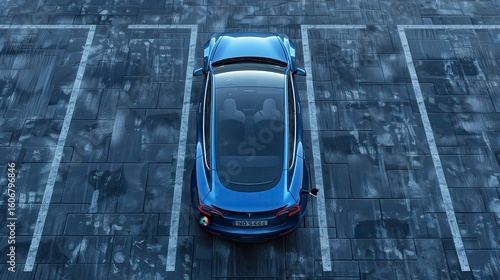 Blue car parked in space, top view. Grid patterned lot, sleek car design, charger connected