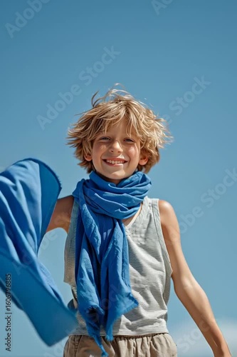 A cheerful young boy with a blue scarf posing happily in front of a clear sky. The boy is wearing a blue scarf, and the background is a bright blue sky