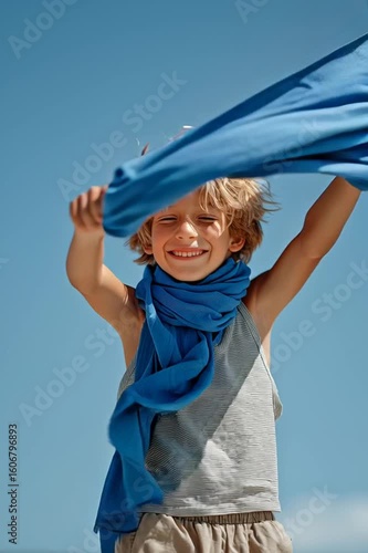 a playful boy joyfully holds a blue scarf under a clear blue sky. He is smiling with pure delight.
