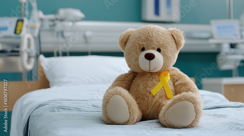 Teddy bear wearing gold ribbon sitting on hospital bed symbolizing childhood cancer awareness