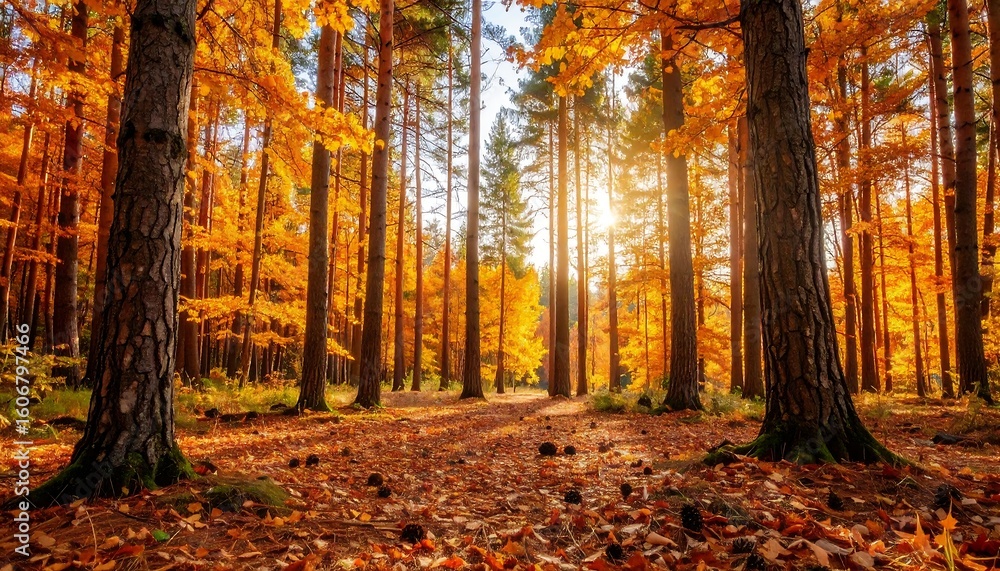 Obraz premium Autumn forest path bathed in sunlight (1)