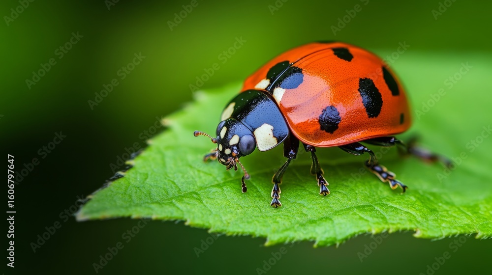 Fototapeta premium Close-up macro photo of a red ladybug resting on a fresh green leaf in natural sunlight with soft background and shallow depth of field