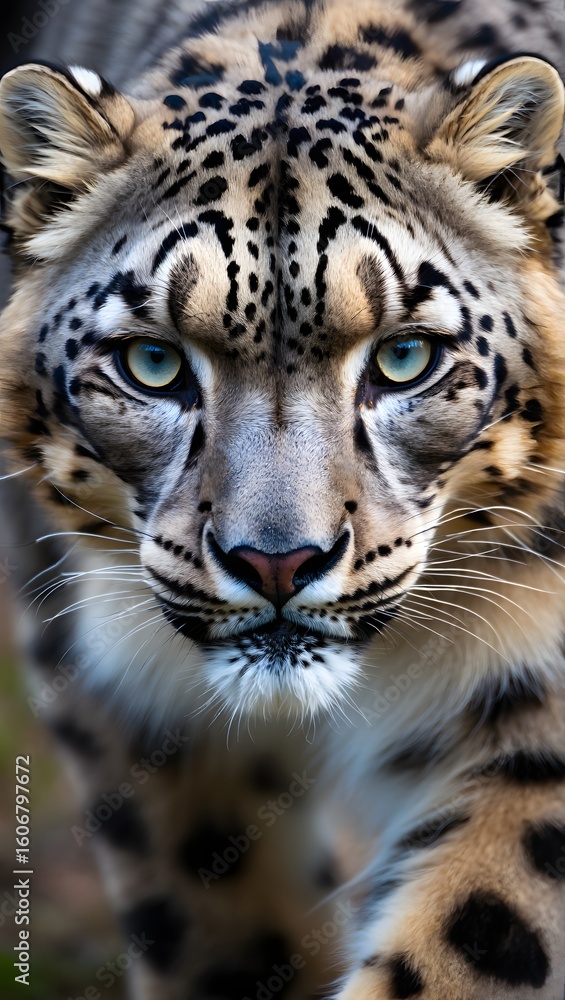 Obraz premium A striking closeup portrait captures the intense gaze of a snow leopard, highlighting its beautiful fur and powerful presence