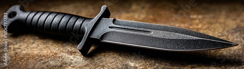 Tactical dagger with classic model concept. A sleek black knife resting on a rustic background.