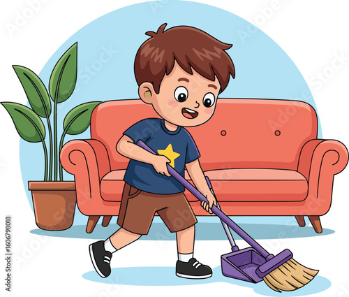 Cartoon child sweeping floor with broom and dustpan in living room, vector illustration of responsibility, cleaning, and home chores