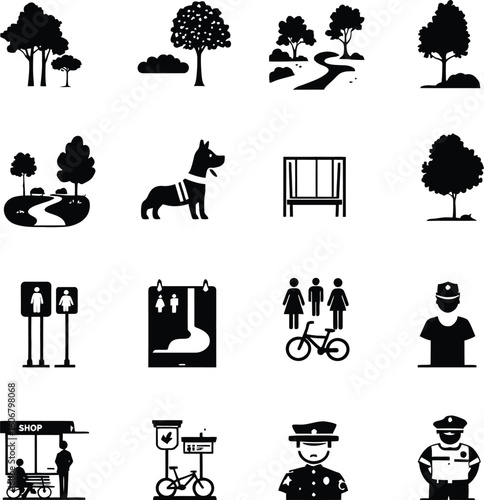 Park amenities icons vector illustration set for city guide or map design black silhouette style 100char