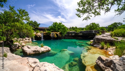 Picturesque natural pool with cascading waterfall