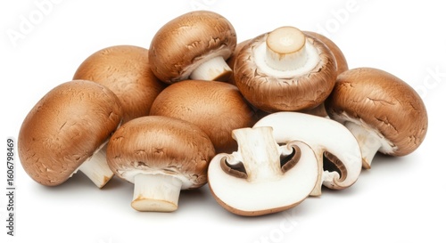 Pile of brown cremini mushrooms with one cut in half