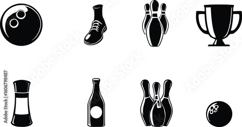 Bowling icons set vector illustration ball pins shoe trophy bottle sport game activity leisure design 10 pin