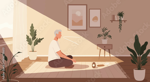 Peaceful senior man finding inner balance with morning meditation in a sunlit home interior.