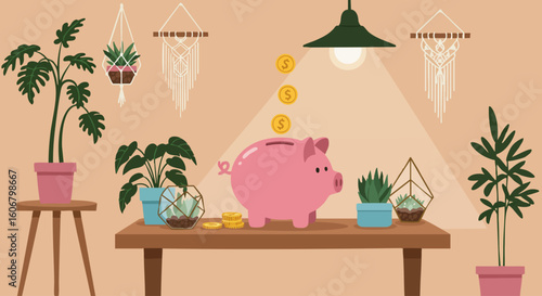 Piggy bank savings concept with gold coins in a modern bohemian interior with houseplants