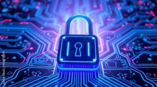 Cybersecurity Lock — Digital Padlock over Futuristic Network Circuit