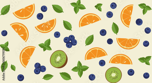 Vibrant Fruit Pattern Oranges, Blueberries, and Kiwi – A Refreshing Design