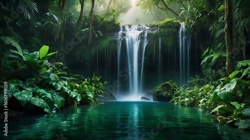 A stunning natural waterfall cascades through a lush green rainforest