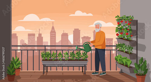 Senior man watering plants in a vertical garden on an apartment balcony with a city view.