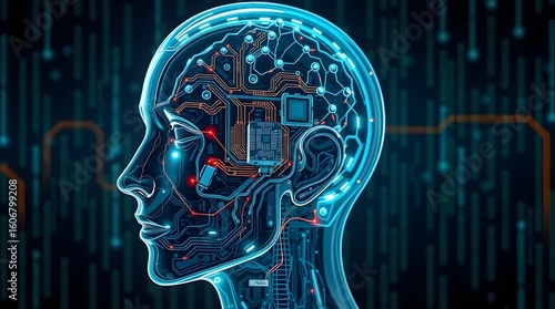 Artificial Intelligence Brain — Futuristic Human Head with Circuits and Cyber Chip Elements