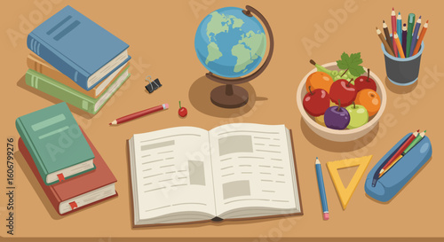 Student's desk with an open book, world globe, and school supplies for studying at home.