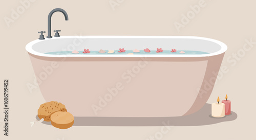 Serene bathroom illustration with a soaking tub, lit candles, and a sponge for a relaxing spa day