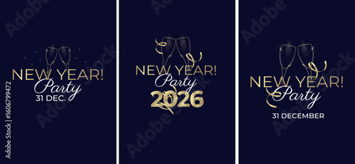 New Year 2026 event design templates. Elegant and modern style. Golden 2026 numbers and champagne glasses silhouette toasting. Vector illustration.