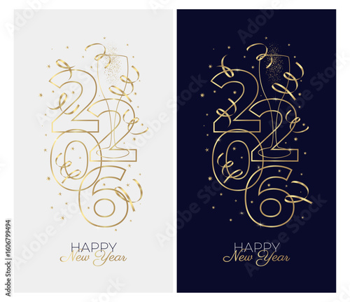 New Year banner or card design with line drawing of sparkling wine glass and number 2026. Minimalist style with golden contour lines. Vector illustration