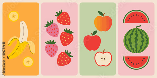 Colorful collection of fresh fruits on vertical panels