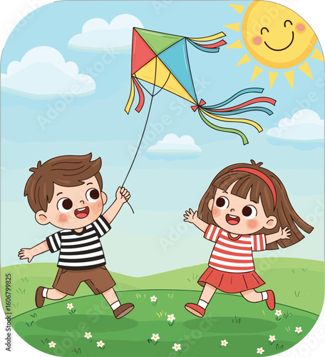 Cartoon children flying colorful kite in sunny grassy field with smiling sun, vector illustration of outdoor play and friendship
