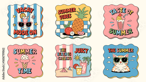Retro Summer Stickers Fun Graphics and Catchy Phrases for Creative Designs and Vacation Vibes