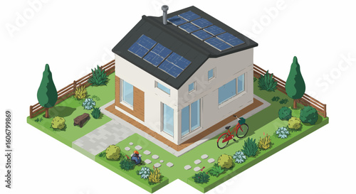 Isometric illustration of a modern house with rooftop solar panels for green energy